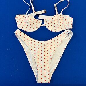 White and red bikini heart pattern underwire top high hip bottoms